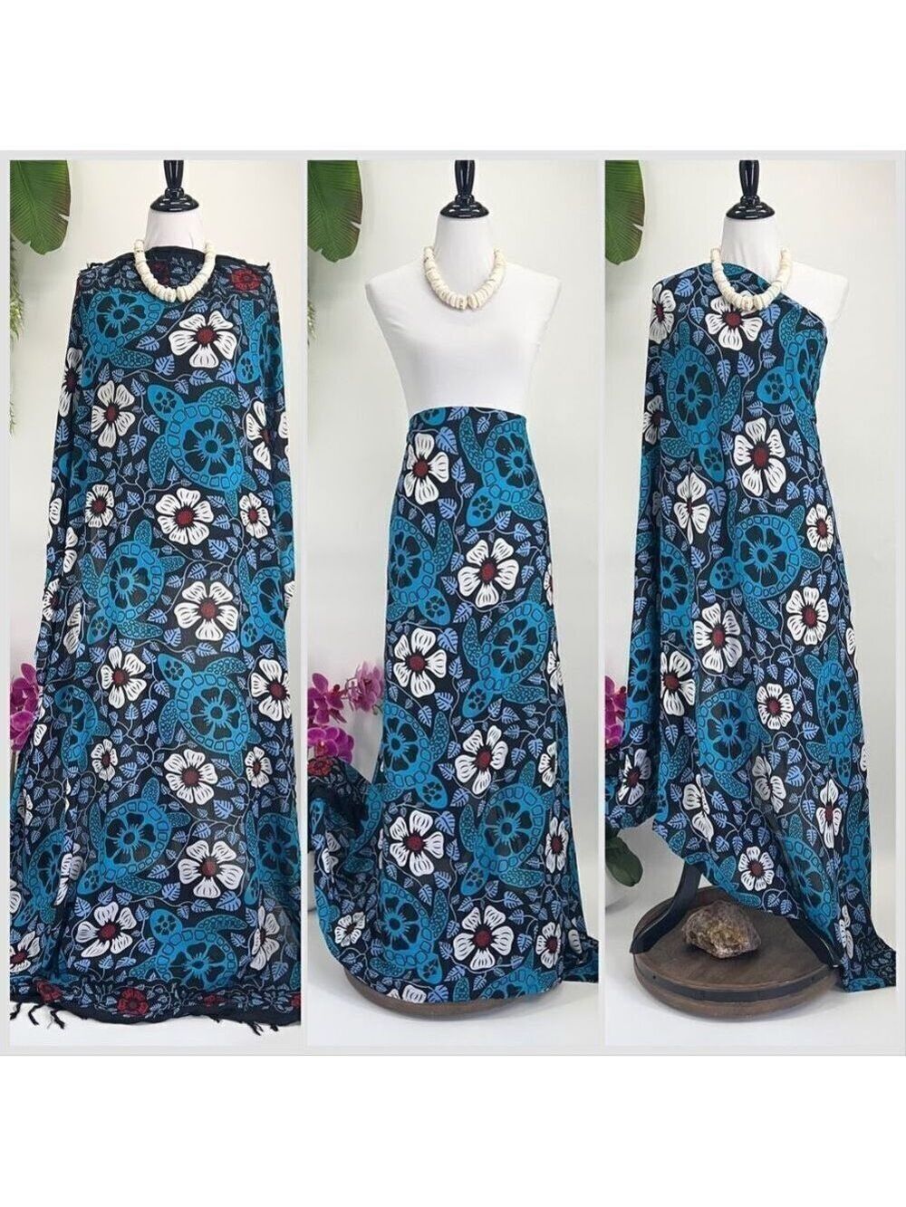 Honu Hibiscus Tropical  Black Blue White MAXI SARONG Kīkepa Pareo Beach Wrap Ski